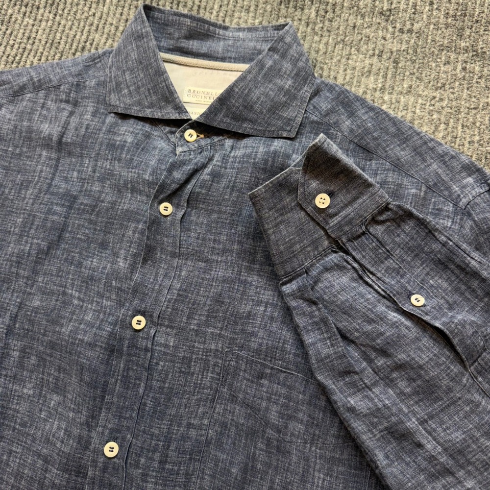 Brunello Cucinelli Mens Large Blue 100% Linen Long Sleeve Button Up Shirt